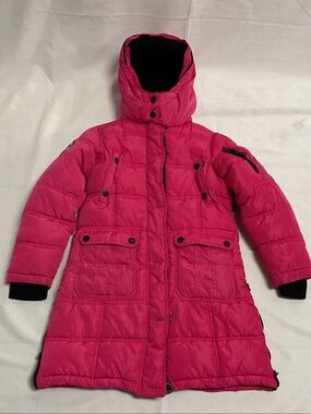 DKNY Girls Bright Pink Hooded Long Puffer Coat Size 7/8 (Small/Petite)